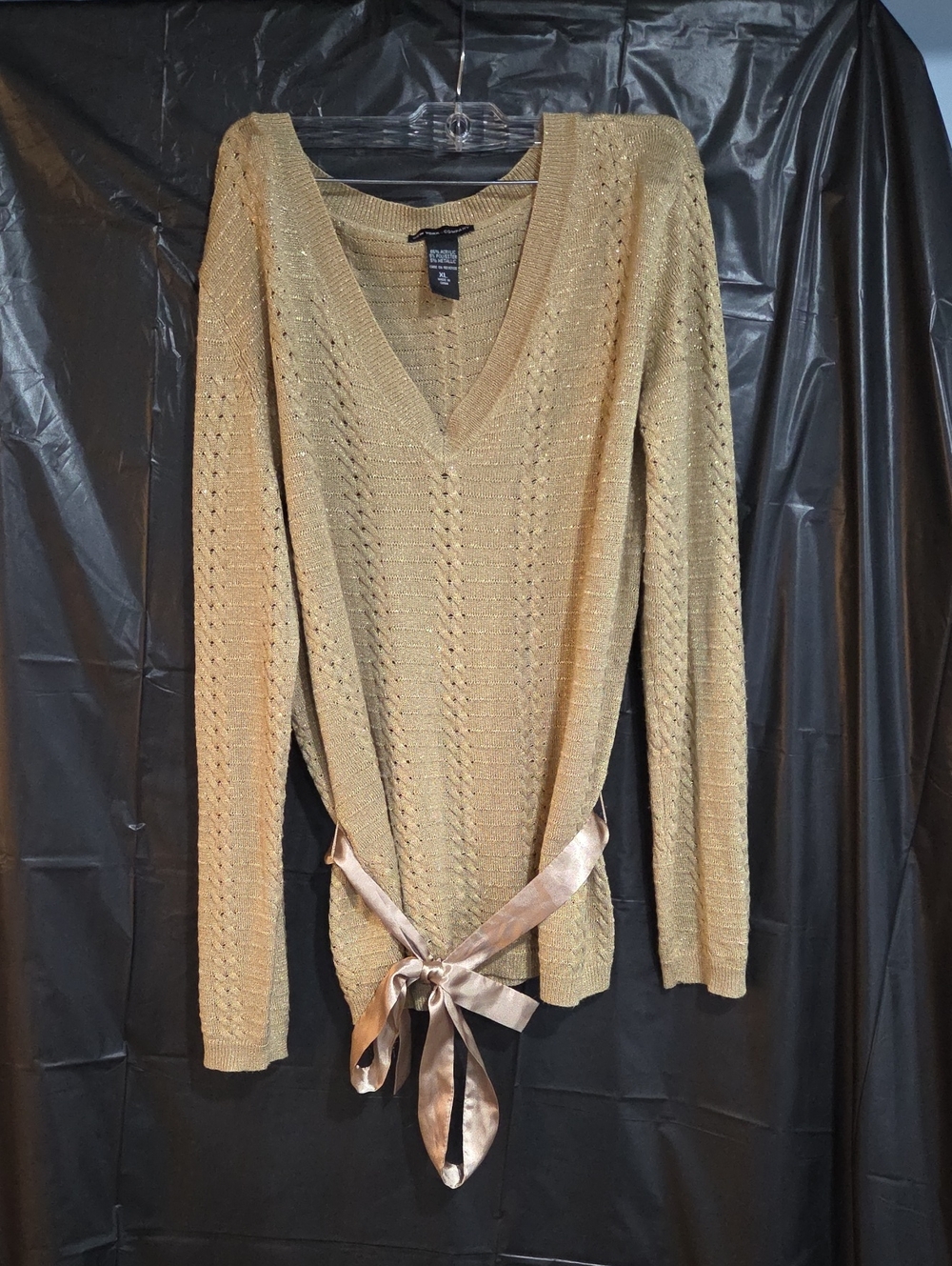New York & Company Metallic Gold V-Neck Knit Top with Satin Waist Tie